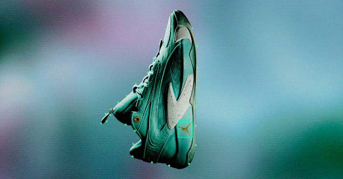 Side view of Luka Doncic's green and white Jordan Brand shoes.